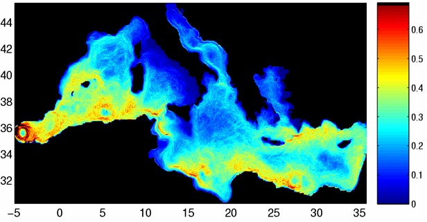 Lyapunov exponents in the Mediterranean Sea
